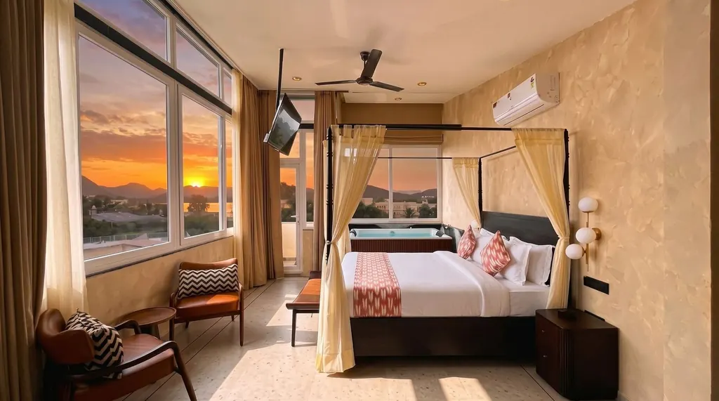 Lake View Suite with Jacuzzi in Udaipur: canopied bed, in-room Jacuzzi by the window and a sunset over the lake and hills